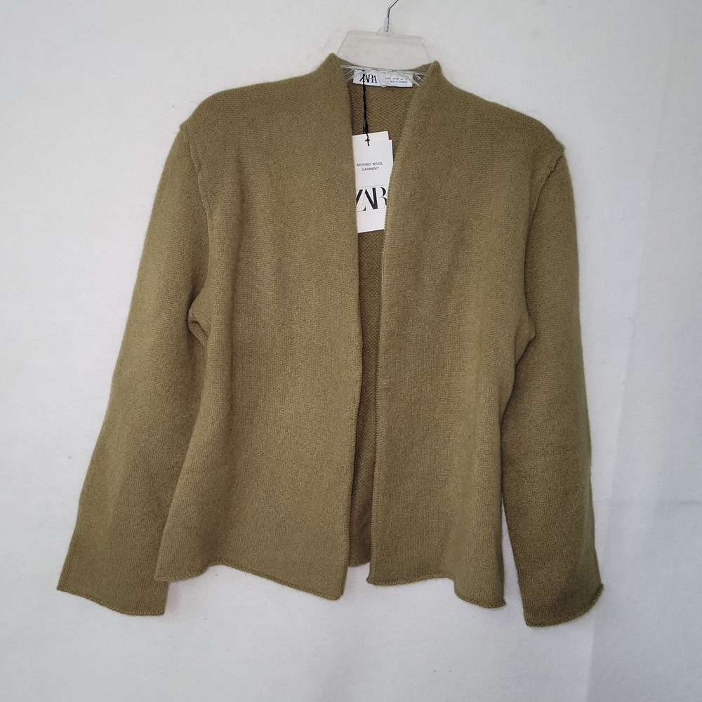ZARA Merino Wool Blend Knit Cardigan Sweater Jacket Womens S Olive Brown
